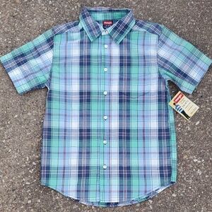 Wrangler Button Front Short Sleeve Blue Green Plaid Shirt Youth L 10/12 Casual